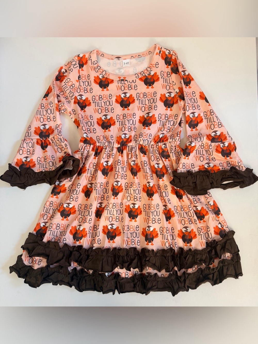 Toddler 3-4Yr. Orange & Brown Turkey Print Ruffled Hem & Sleeves Dress NWT